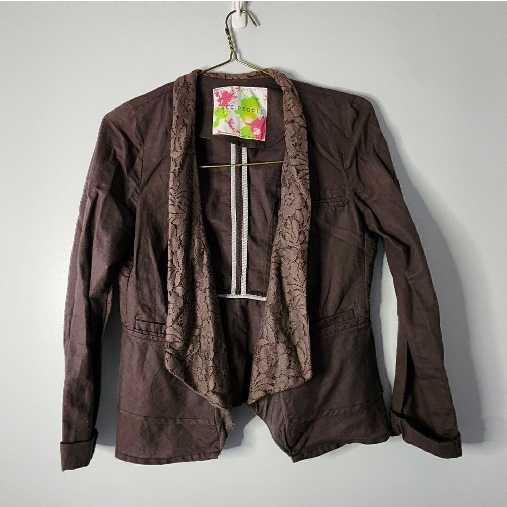 FREE PEOPLE Women’s Brown Lace Lapel Ruffle Linen Blend Peplum Blazer Jacket 4